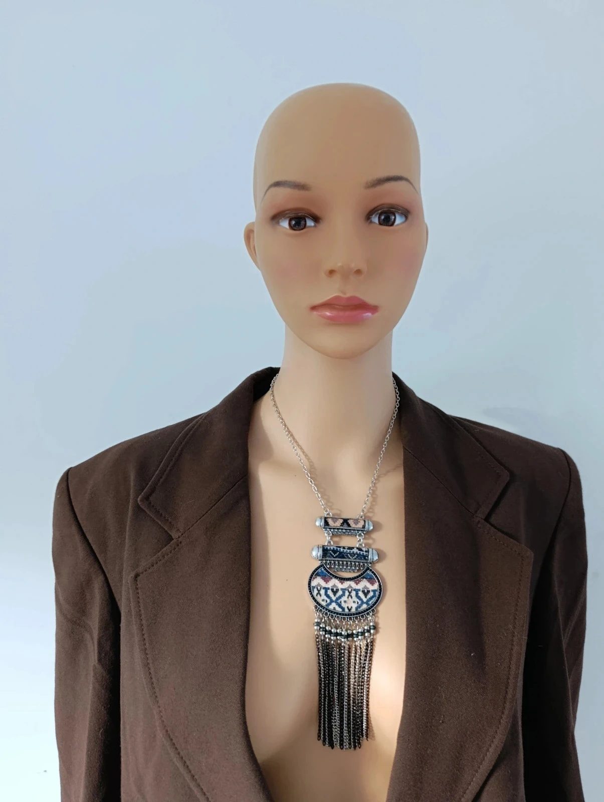 Collier sautoir bohème ethnique argenté à franges – Motifs aztèques